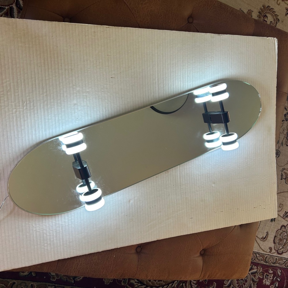 Pottery Barn Teen Skateboard LED Wall Mirror Silver White Skatecore Decor